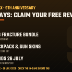 Checklist graphic: Free Fire 9th Anniversary ends 26 July — claim the free Flowing Fracture bundle, car, backpack and gun skins