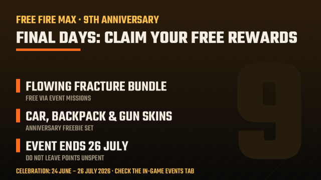 Checklist graphic: Free Fire 9th Anniversary ends 26 July — claim the free Flowing Fracture bundle, car, backpack and gun skins